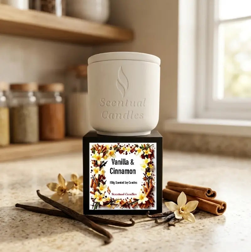 Vanilla and Cinnamon Candle in a stylish container with a floral label, showcasing its warm and spicy scent.
