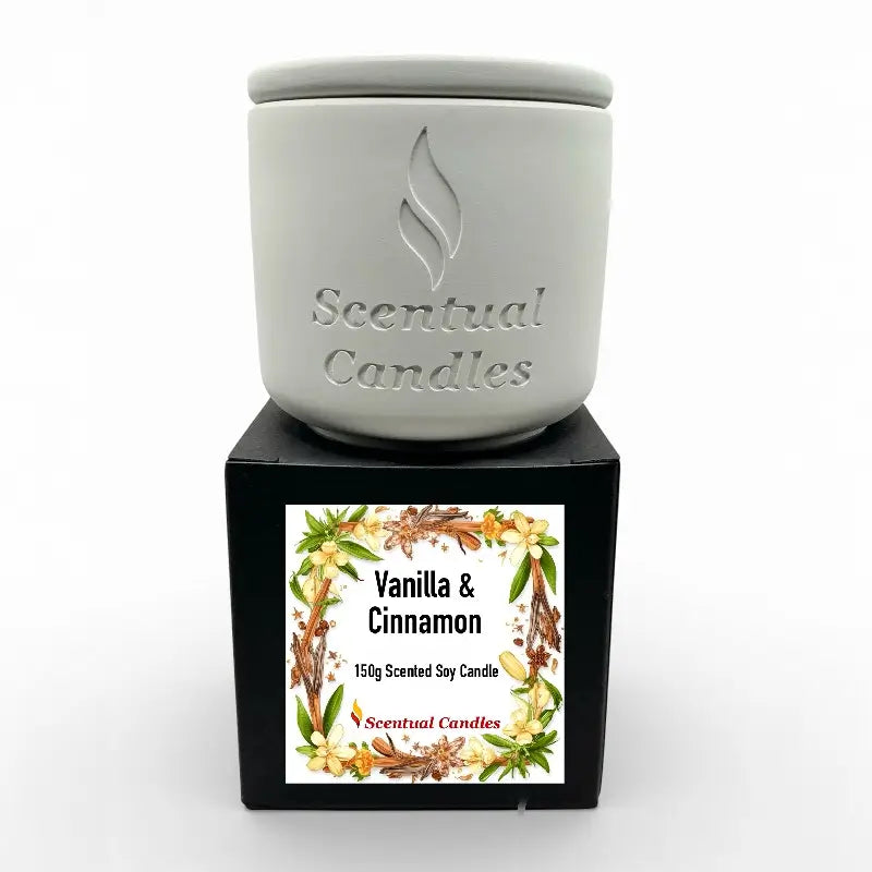 Vanilla & Cinnamon scented soy candle from the Vanilla Trio gift set in a stylish jar with floral design.
