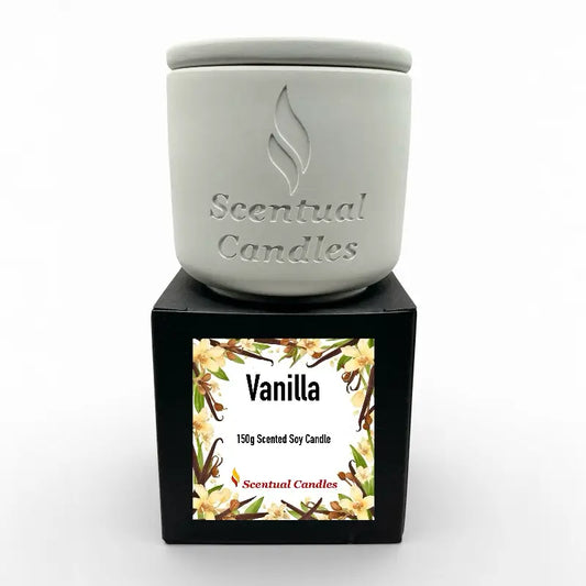 Housewarming Candle Gift - Vanilla scented soy candle in ceramic jar.