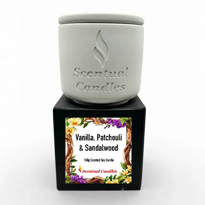 Vanilla Trio Soy Candle Gift Set - Vanilla, Patchouli & Sandalwood scent, 150g hand-poured candle in elegant packaging.