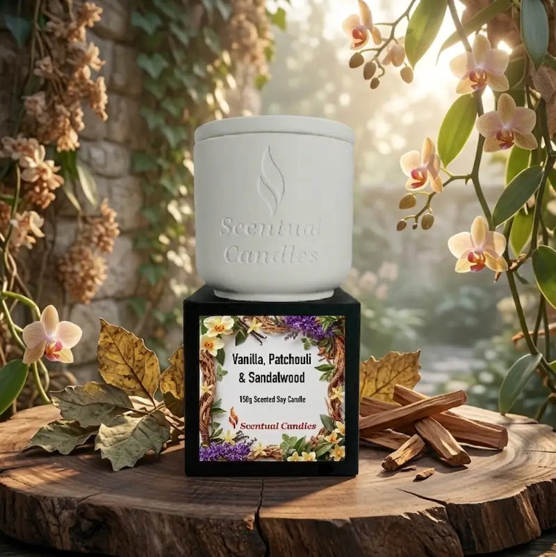 Vanilla Patchouli and Sandalwood Scented Soy Candle in elegant white container with floral label.