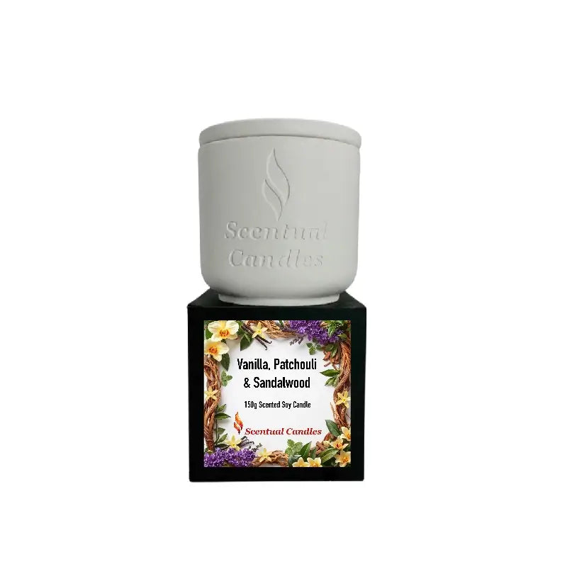 Vanilla Patchouli and Sandalwood Scented Soy Candle in elegant white container with floral label.