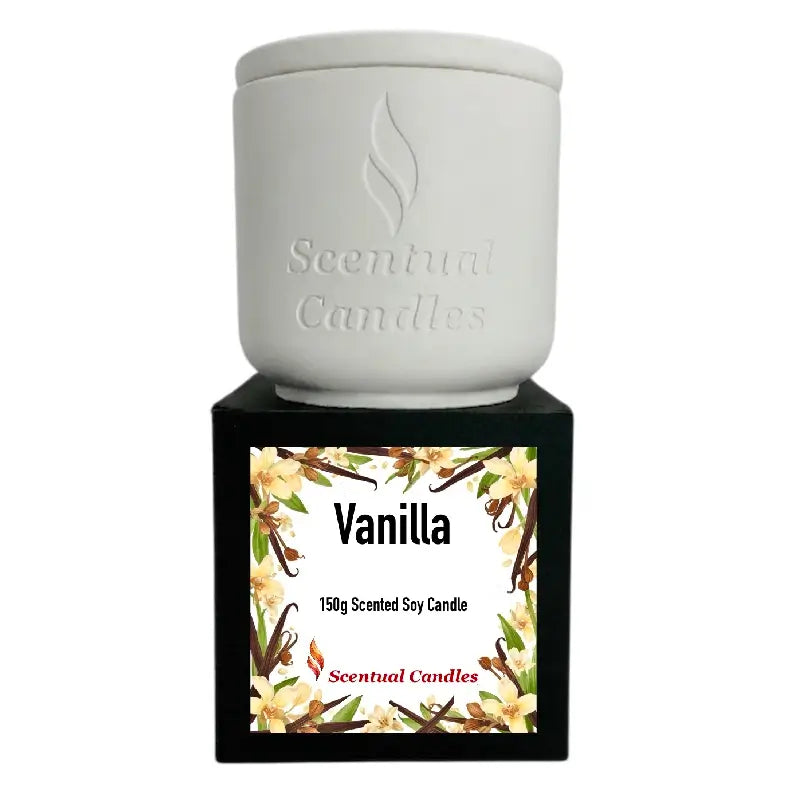 Scented Candle Duo featuring a Vanilla scented 150g soy candle on display for relaxation and ambiance.