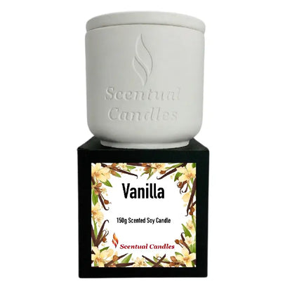 Vanilla Scented Candle in a stylish container with a floral label, ideal for luxurious home ambiance.