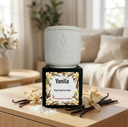 Vanilla Scented Candle in a stylish container with a floral label, ideal for luxurious home ambiance.
