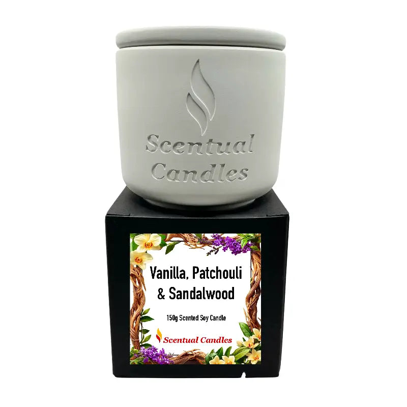 Vanilla and Spice Candle Gift Set in white jar, 150g soy candle with vanilla, patchouli, sandalwood scent, on a decorative box.