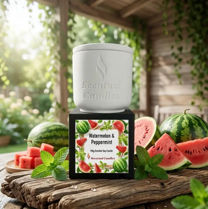 Watermelon and Peppermint Candle from Scentual Candles, showcasing a refreshing fruity design on the package.