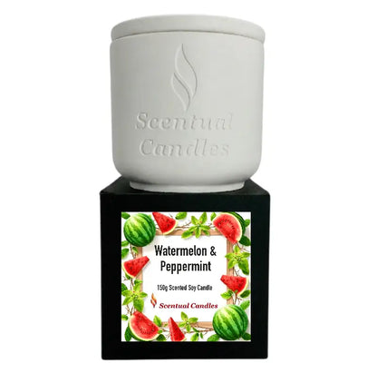 Watermelon and Peppermint Candle from Scentual Candles, showcasing a refreshing fruity design on the package.