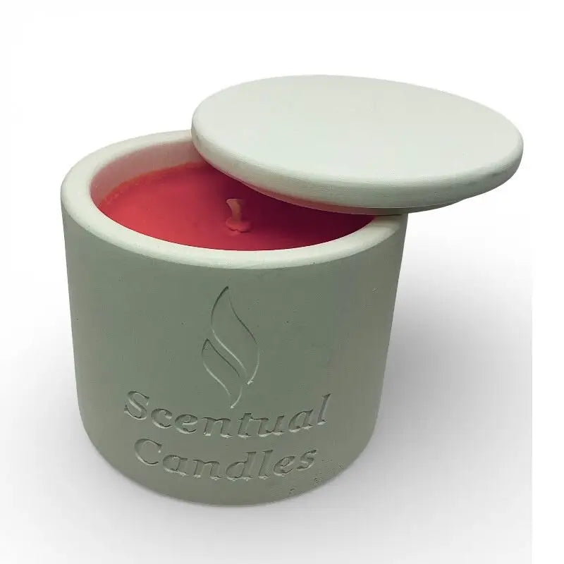 Watermelon and Peppermint Candle in white jar with lid slightly open, showcasing red wax, evoking a refreshing watermelon and peppermint aroma.