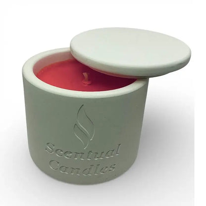 Watermelon and Peppermint Candle in white jar with lid slightly open, showcasing red wax, evoking a refreshing watermelon and peppermint aroma.