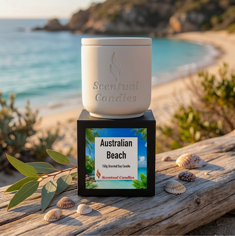 Beach Candle by Scentual Candles displayed on a beach, showcasing Australian Beach scent in a stylish container.