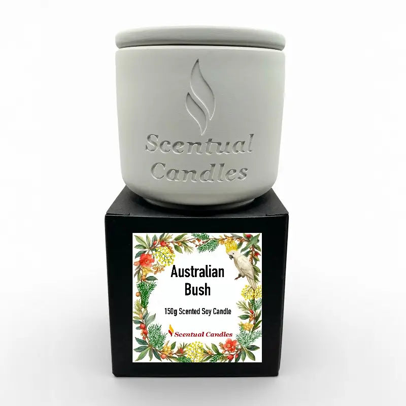 Australian Bush Candle with eucalyptus, lemon myrtle, and pine in white jar and packaging.