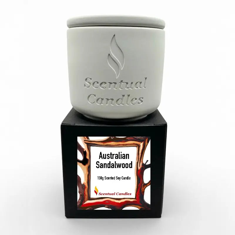 Australian Sandalwood Candle in ceramic jar on box, 150g scented soy.