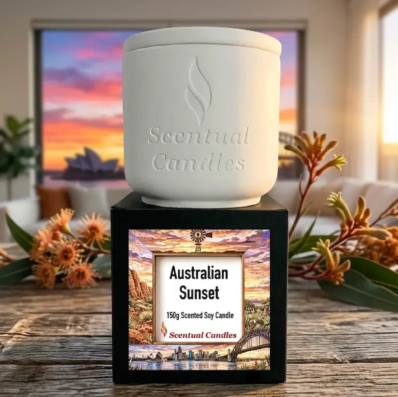 Australian Sunset scented soy candle with warm colors of an Australian sunset in the background, showcasing its elegant design.