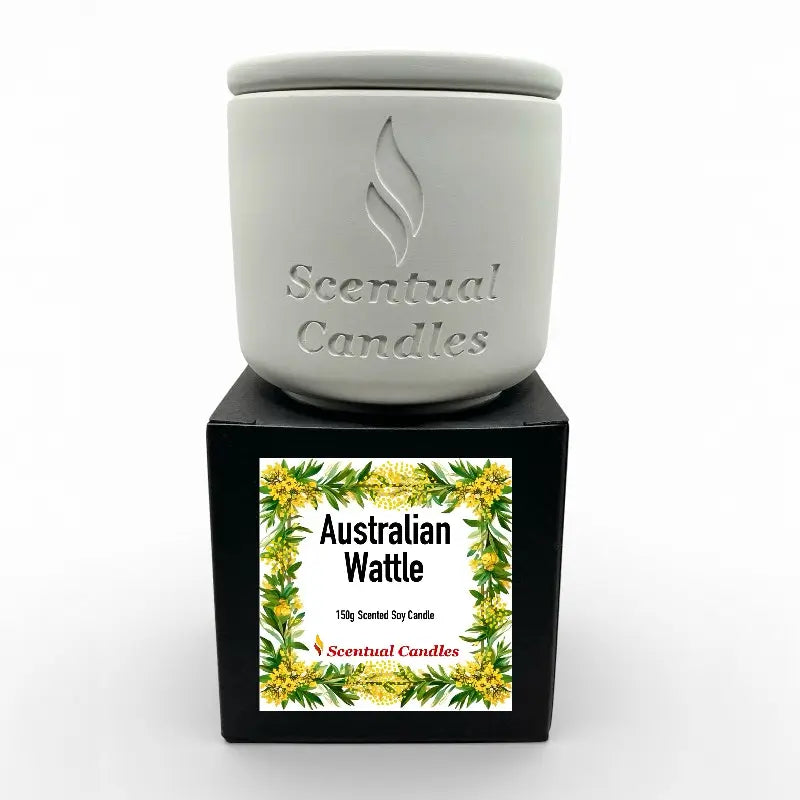 Australian Wattle Scented Soy Candle in a white ceramic jar on a black box packaging