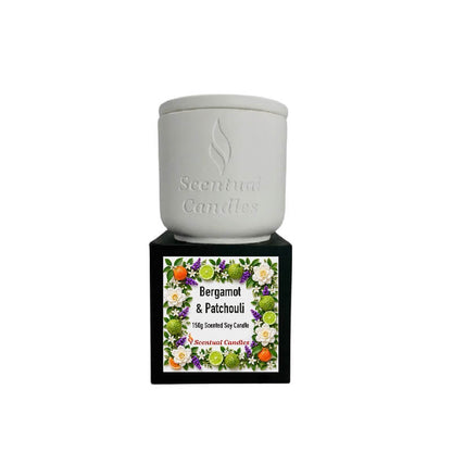 Bergamot Candle with Patchouli in a decorative pot, featuring vibrant floral designs and scent details.