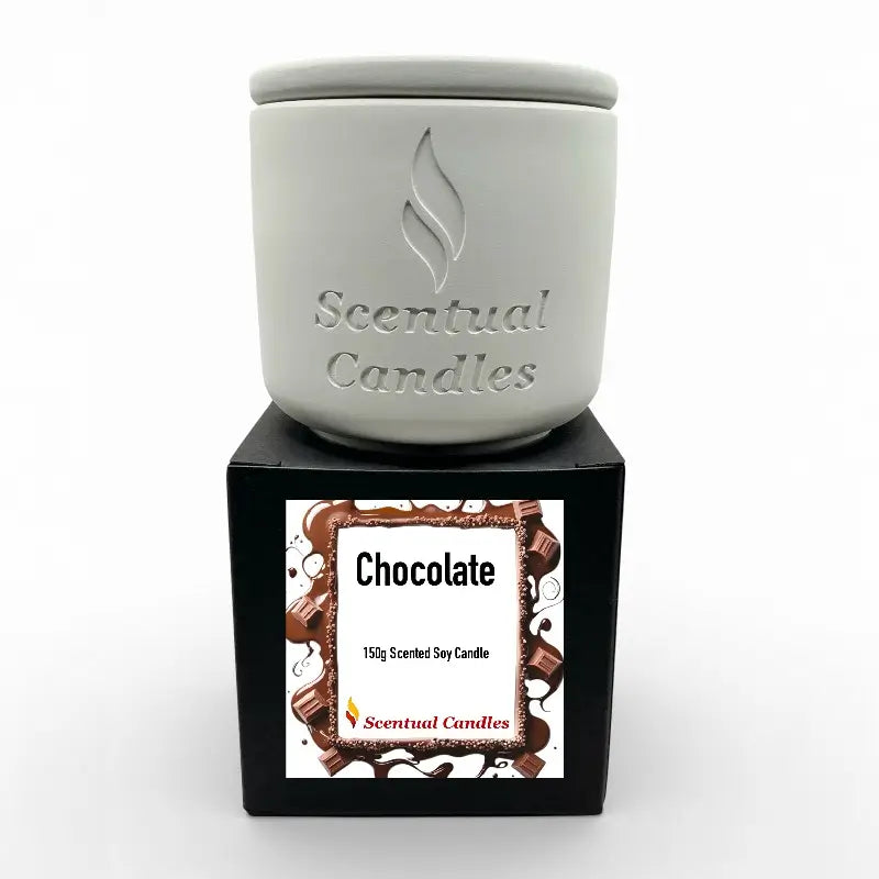 Chocolate Candle - Scented Soy in elegant white jar, perfect for creating a warm cocoa ambiance.