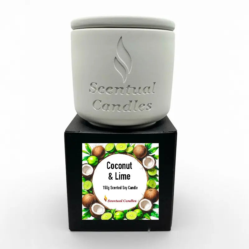 Coconut and Lime Candle in a decorative jar, showcasing tropical scent of coconut and lime with soy wax, perfect for home fragrance.