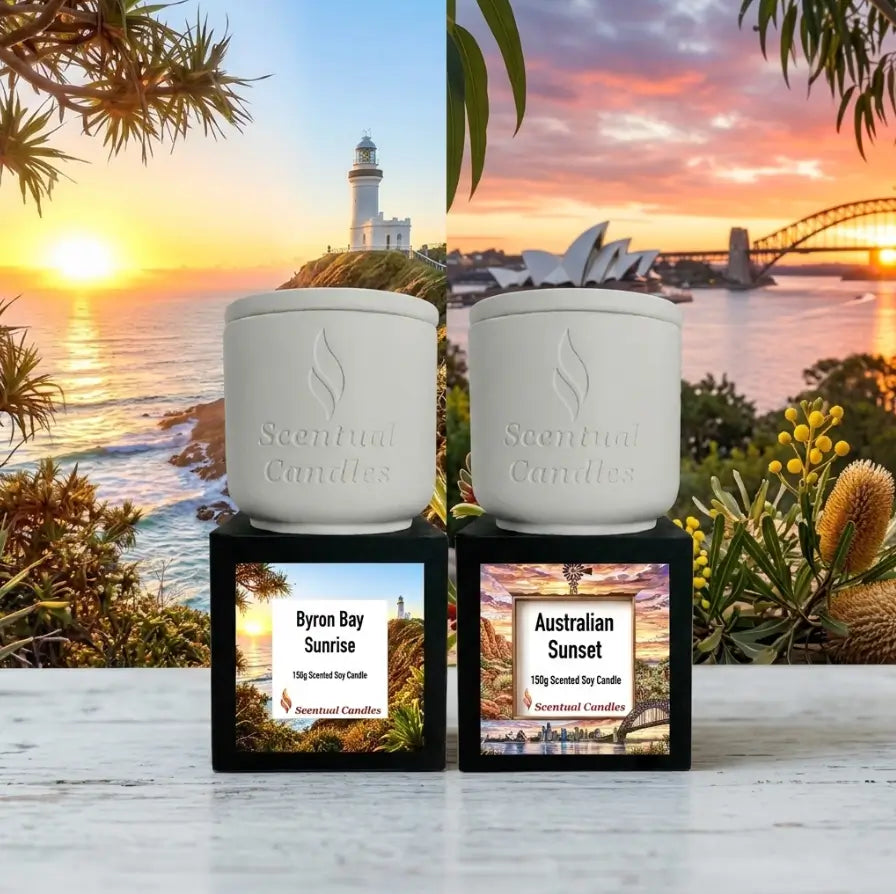 Sunrise and Sunset Australian Scented Candle Duo showcasing Byron Bay Sunrise and Australian Sunset candles.