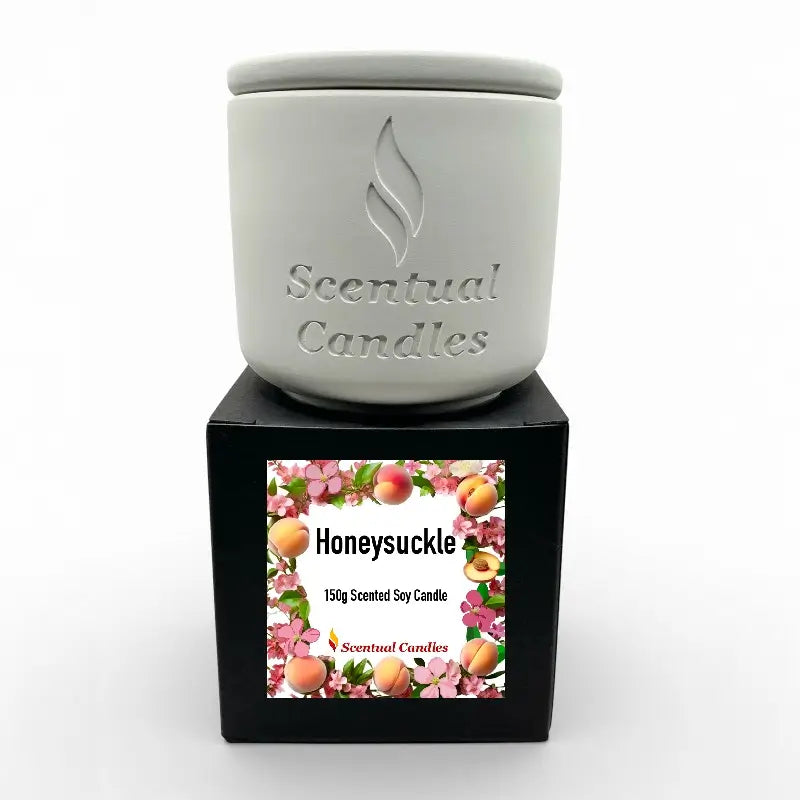 Honeysuckle Scented Candle - Soy in white jar with floral packaging, 150g size.