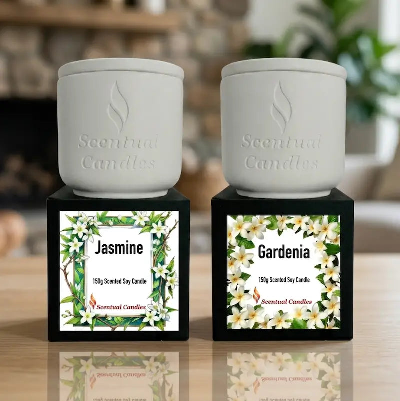 Jasmine Gardenia Candle Set featuring Jasmine and Gardenia scented soy candles in elegant white containers.