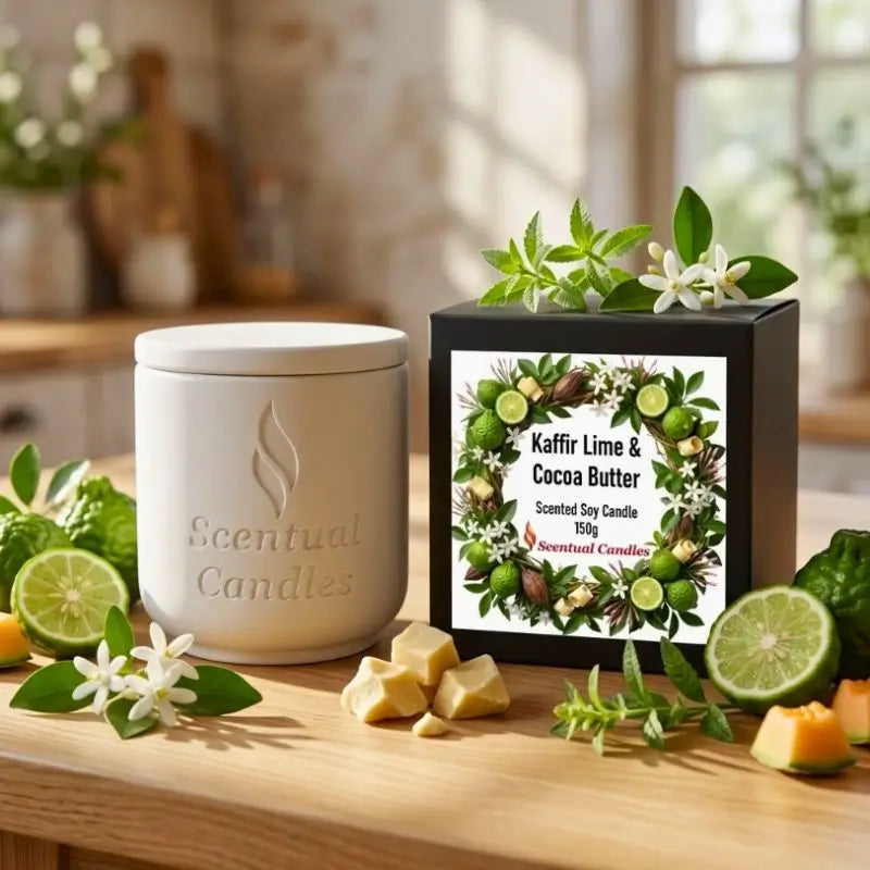Kaffir Lime and Cocoa Butter Candle displayed with fresh limes and cocoa butter on a kitchen countertop.
