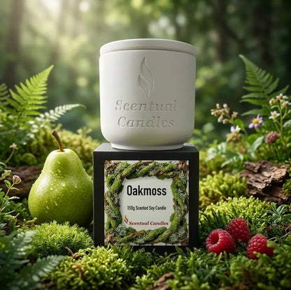 Oakmoss Candle in a natural setting with fresh greenery, a pear, and raspberries, showcasing masculine sophistication.