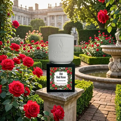 Rose Candle placed in a garden filled with red roses, showcasing the Old Red Rose fragrance design.
