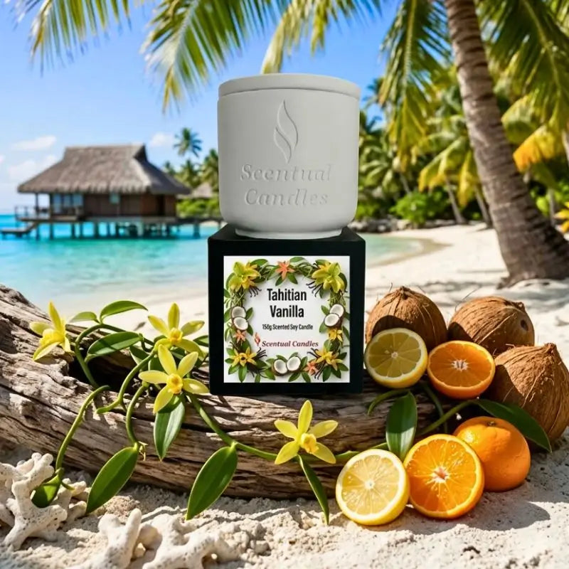 Tahitian Vanilla scented soy candle surrounded by tropical fruits and flowers on a beach.