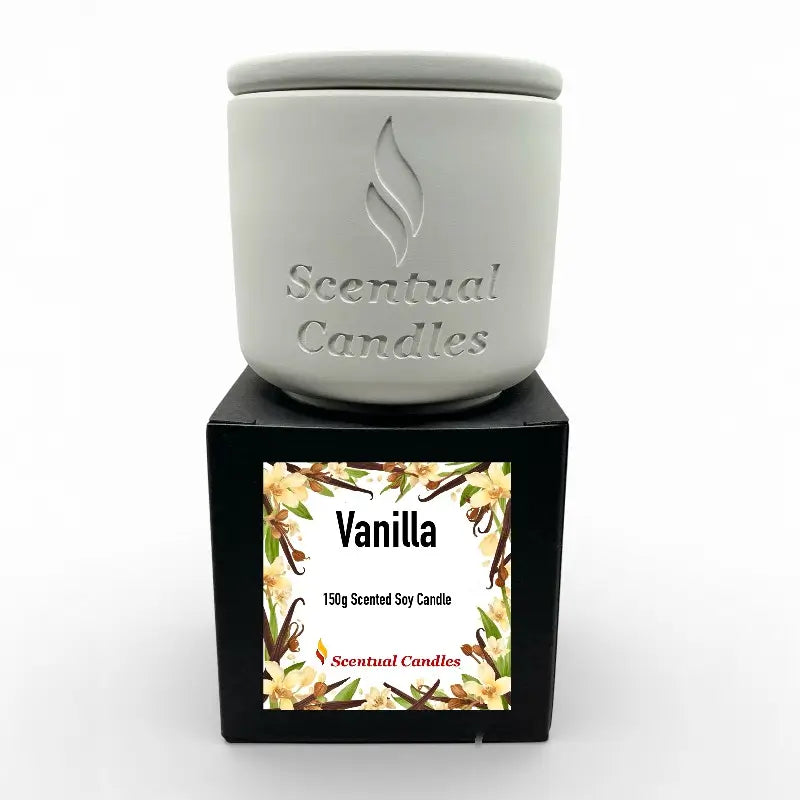 Vanilla Scented Candle in ceramic jar with floral design packaging