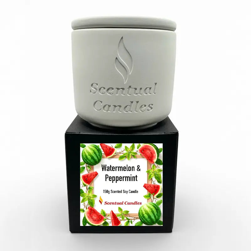 Watermelon and Peppermint Candle - Scented Soy in white jar with vibrant label of fruits and herbs.