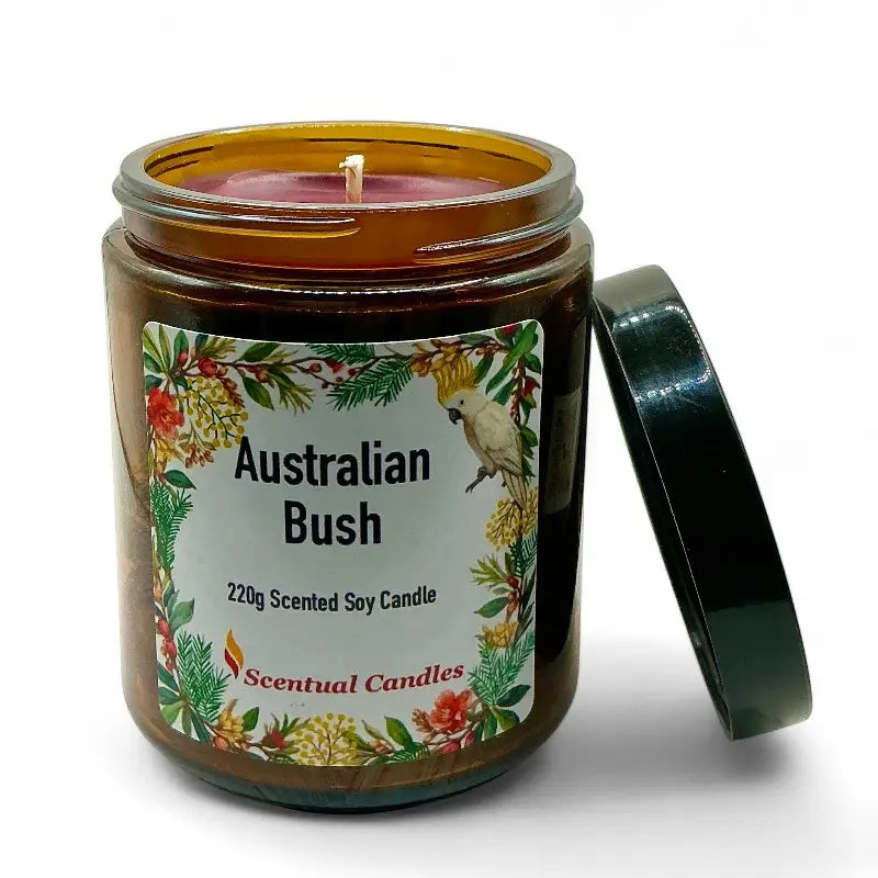 Australian Bush Candle with eucalyptus, lemon myrtle, and pine scent in a glass jar