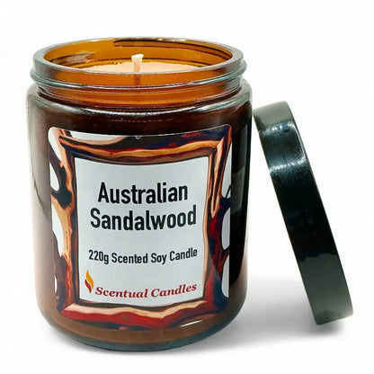 Scentual Candles Australian Sandalwood candle in a glass jar with a label.