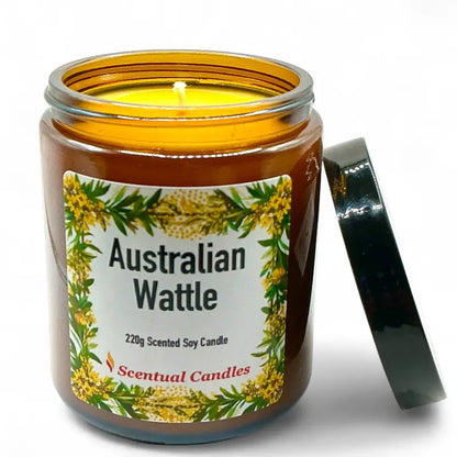 Australian Wattle Scented Soy Candle in amber jar with open lid, featuring floral label