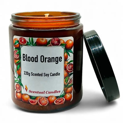 Scentual Candles Blood Orange candle with label and black lid on white background