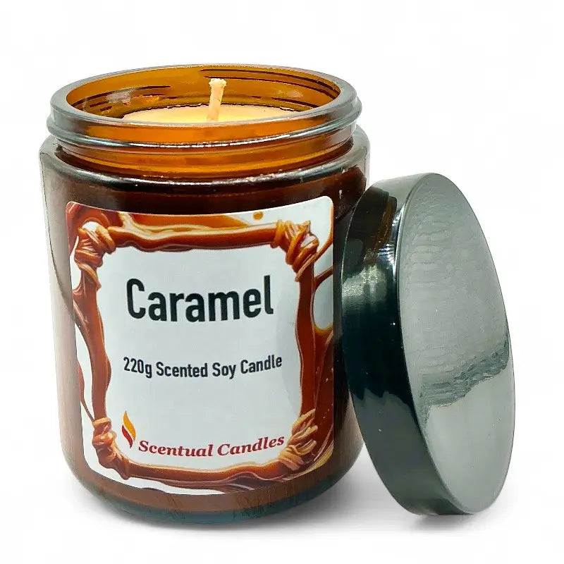 Caramel candle in a jar with a label on a white background