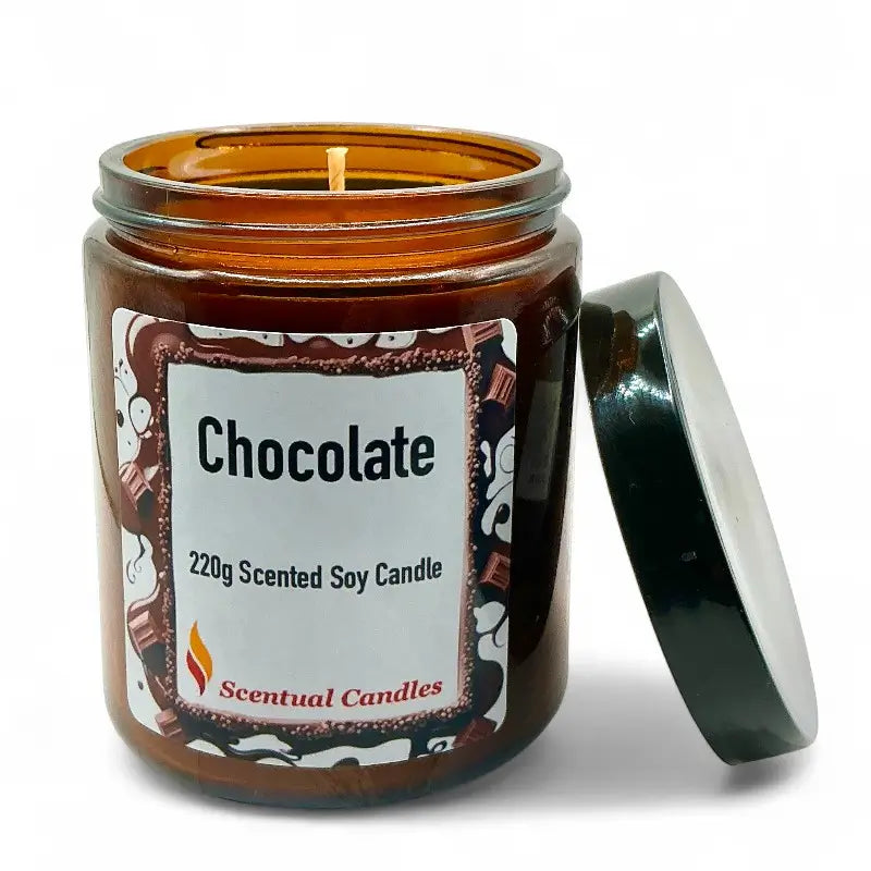 Scentual Candles chocolate candle with label and lid on a white background