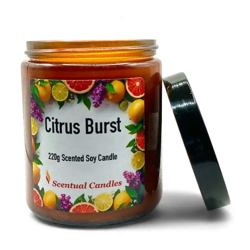 Citrus candle with colorful label on a white background