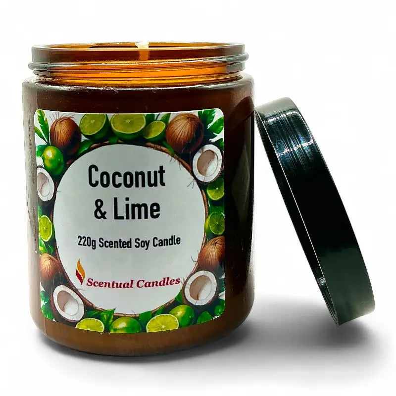 Coconut and Lime candle with a label on a white background