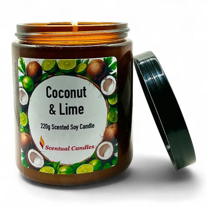 Coconut and Lime candle with a label on a white background