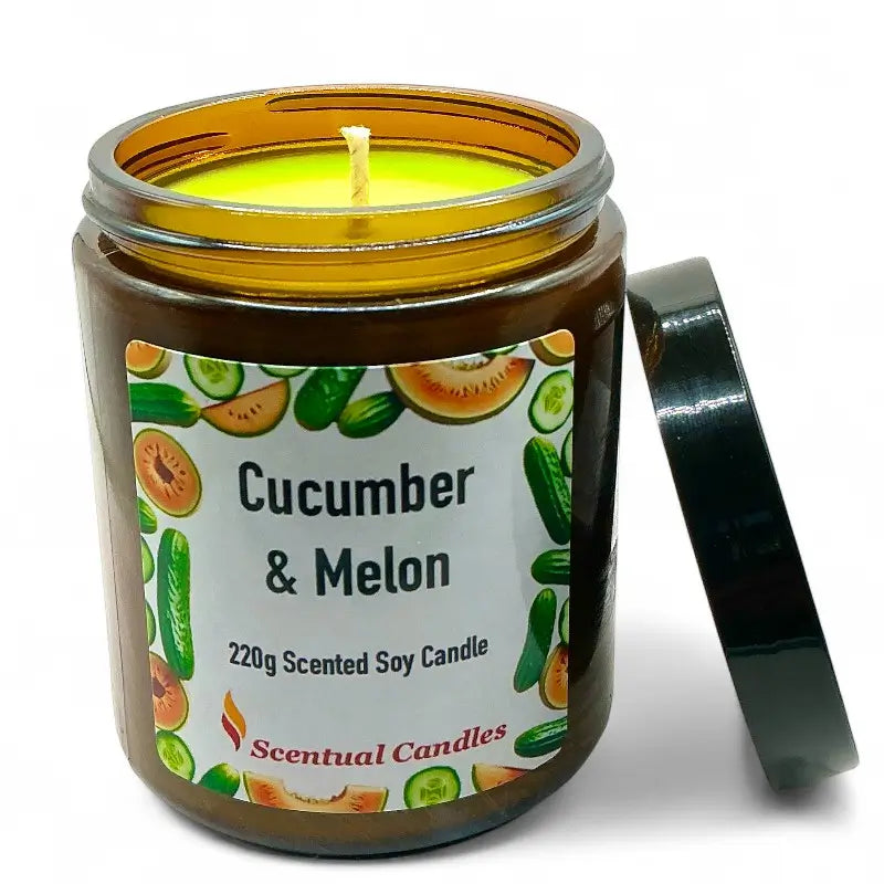 Cucumber and Melon scented candle in a jar with a label on a white background