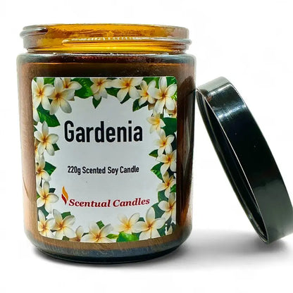 Gardenia Candle in glass jar - Scented Soy Floral with white flowers label