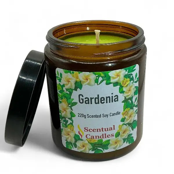 Scentual Candles Gardenia candle in an amber jar with a floral label on a white background