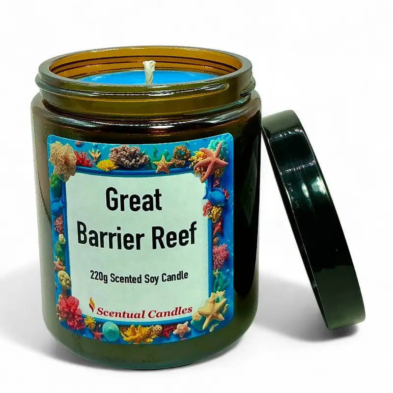 Tropical Scented Candle in a jar with Great Barrier Reef label, open lid, inspired by Australian aquatic beauty.