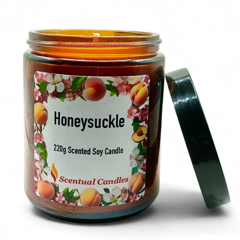 Honeysuckle scented candle with floral and fruit design on label