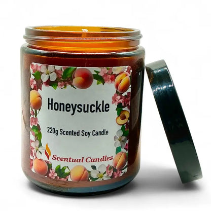 Honeysuckle scented candle with floral and fruit design on label