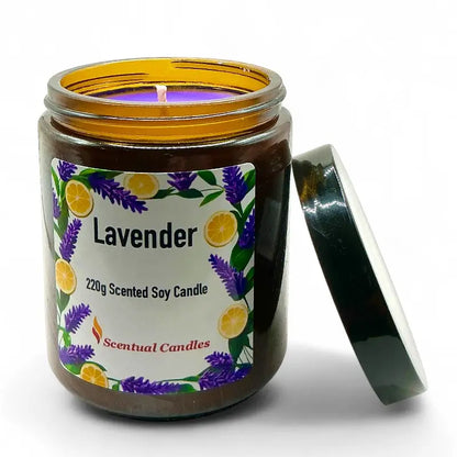 Lavender Candle Scented Soy in jar with lid open, featuring lavender and citrus design, 220g