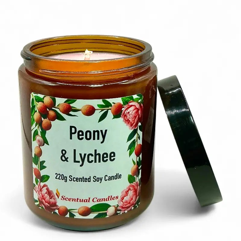 Lychee Scented Candle in a brown jar with peony and lychee design, 220g soy candle with lid open.