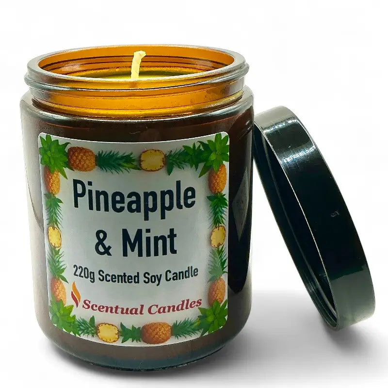 Scented soy candle labeled Pineapple and Mint with a visible label on a white background