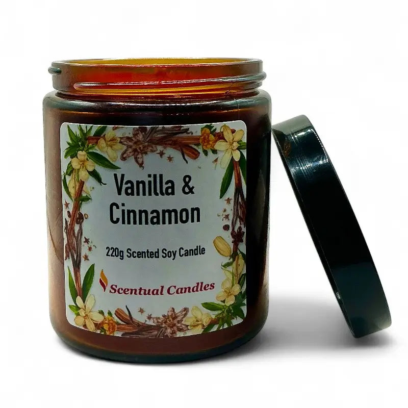 Vanilla and Cinnamon candle with a decorative label on a white background